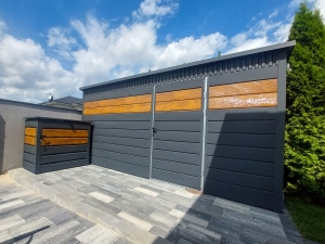 Wiata śmietnikowa 5x2,5m matowy grafit + dąb rustykalny + pełna zabudowa + wiatrołap