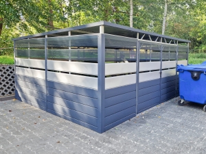 Wiata śmietnikowa 5x5m częściowa zabudowa + matowy grafit + srebrny