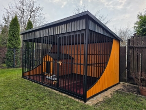 Kojec dla dużego psa 3x2 z budą, podłogą, miskami - Premium